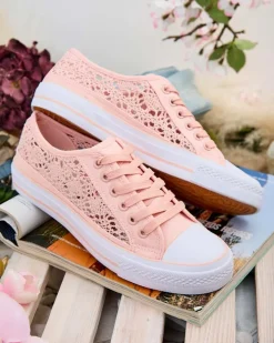 Ugc|Trampki^Royalfashion Różowe trampki damskie Tkanina Kalipso – ażurowe sneakersy na płaskiej podeszwie różowy