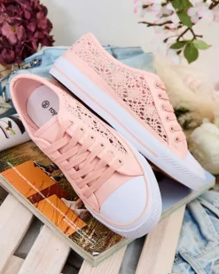 Ugc|Trampki^Royalfashion Różowe trampki damskie Tkanina Kalipso – ażurowe sneakersy na płaskiej podeszwie różowy