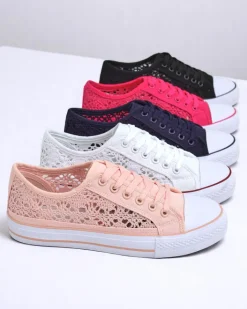 Ugc|Trampki^Royalfashion Różowe trampki damskie Tkanina Kalipso – ażurowe sneakersy na płaskiej podeszwie różowy