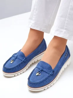 Mokasyny Na Płaskiej Podeszwie^Royalfashion Ażurowe damskie mokasyny Elissas Jasnoniebieski