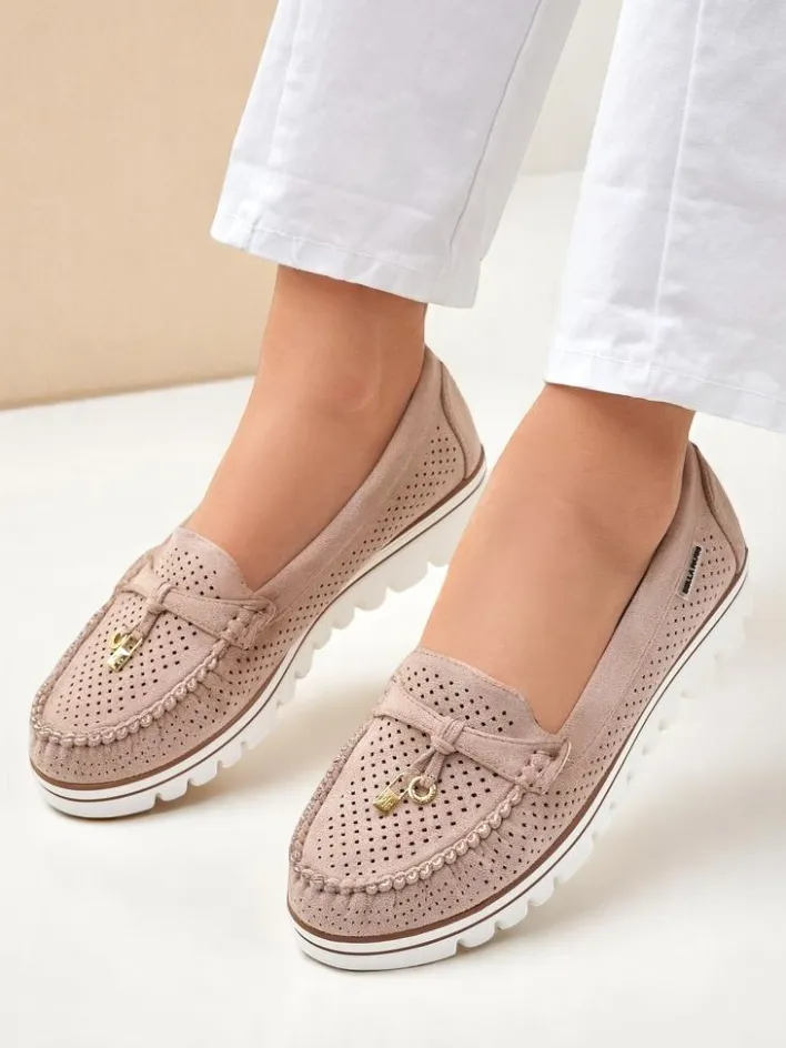 Mokasyny Na Płaskiej Podeszwie^Royalfashion Ażurowe damskie mokasyny Elissas beżowy