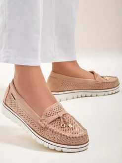 Mokasyny Na Płaskiej Podeszwie^Royalfashion Ażurowe damskie mokasyny Elissas jasny brązowy
