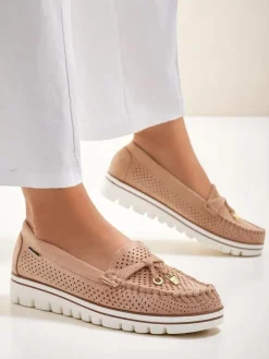 Mokasyny Na Płaskiej Podeszwie^Royalfashion Ażurowe damskie mokasyny Elissas jasny brązowy