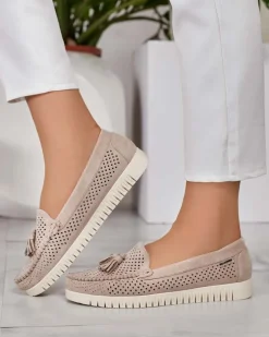 Mokasyny Na Płaskiej Podeszwie|Półbuty^Royalfashion Ażurowe mokasyny damskie Molaffa beżowy