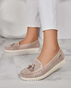 Mokasyny Na Płaskiej Podeszwie|Półbuty^Royalfashion Ażurowe mokasyny damskie Molaffa beżowy