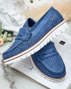 Półbuty|Mokasyny Na Płaskiej Podeszwie^Royalfashion Ażurowe mokasyny damskie Leteller Granatowy