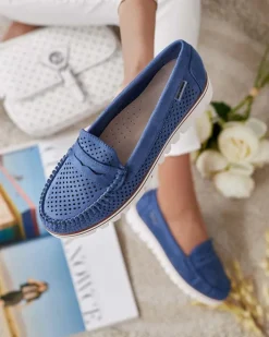 Półbuty|Mokasyny Na Płaskiej Podeszwie^Royalfashion Ażurowe mokasyny damskie Leteller Granatowy