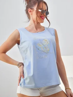 Bluzki / Koszule / Koszulki^Royalfashion Bawełniana bluzka damska na ramiączkach z serduszkiem Jasnoniebieski