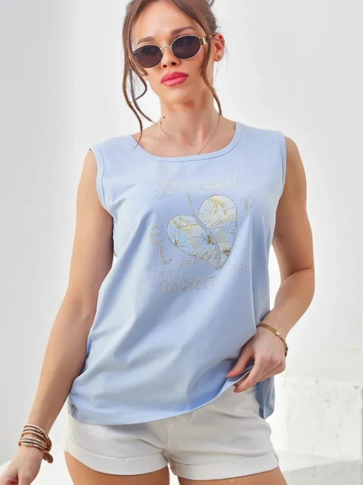 Bluzki / Koszule / Koszulki^Royalfashion Bawełniana bluzka damska na ramiączkach z serduszkiem Jasnoniebieski