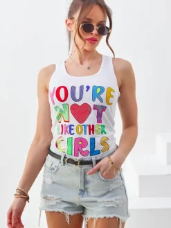 Bluzki / Koszule / Koszulki^Royalfashion Bawełniana bluzka bokserka damska na ramiączkach z napisami biały