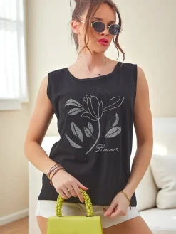 Bluzki / Koszule / Koszulki^Royalfashion Bawełniana bluzka damska na ramiączkach z cyrkoniami FLOWERS czarny