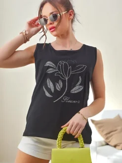 Bluzki / Koszule / Koszulki^Royalfashion Bawełniana bluzka damska na ramiączkach z cyrkoniami FLOWERS czarny