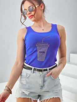 Bluzki / Koszule / Koszulki^Royalfashion Bawełniana bluzka damska na ramiączkach z kubeczkiem z cyrkonii Granatowy