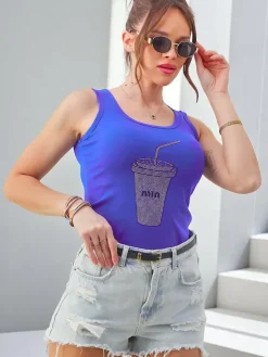 Bluzki / Koszule / Koszulki^Royalfashion Bawełniana bluzka damska na ramiączkach z kubeczkiem z cyrkonii Granatowy