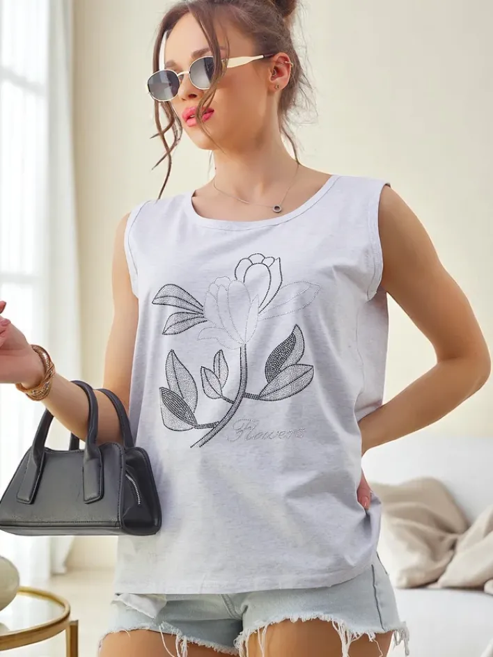 Bluzki / Koszule / Koszulki^Royalfashion Bawełniana bluzka damska na ramiączkach z cyrkoniami FLOWERS Jasny szary