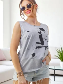 Bluzki / Koszule / Koszulki^Royalfashion Bawełniana bluzka damska na ramiączkach z nadrukiem i cyrkoniami Jasny szary