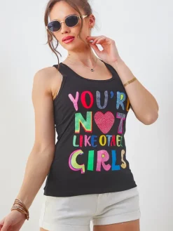 Bluzki / Koszule / Koszulki^Royalfashion Bawełniana bluzka bokserka damska na ramiączkach z napisami czarny