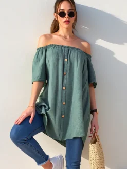 Bluzki / Koszule / Koszulki^Royalfashion Bawełniana bluzka damska a'la hiszpanka z ozdobnymi guzikami zielony