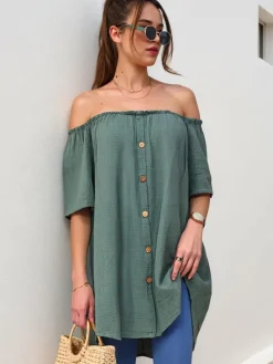 Bluzki / Koszule / Koszulki^Royalfashion Bawełniana bluzka damska a'la hiszpanka z ozdobnymi guzikami zielony