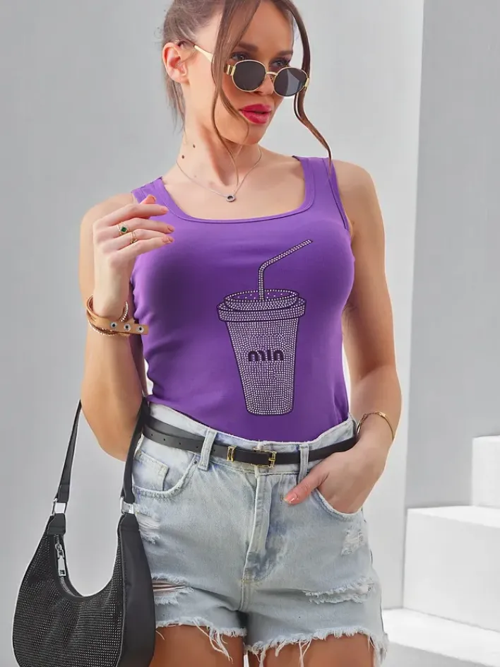 Bluzki / Koszule / Koszulki^Royalfashion Bawełniana bluzka damska na ramiączkach z kubeczkiem z cyrkonii fioletowy