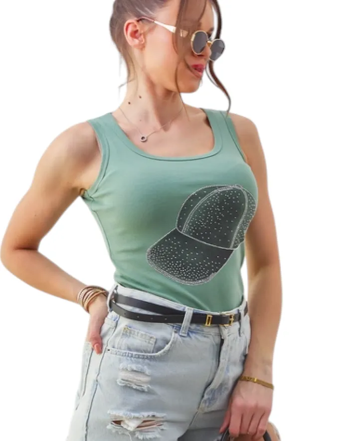 Bluzki / Koszule / Koszulki^Royalfashion Bawełniana bluzka damska na ramiączkach z czapeczką zielony