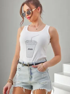 Bluzki / Koszule / Koszulki^Royalfashion Bawełniana bluzka damska na ramiączkach z kubeczkiem z cyrkonii biały