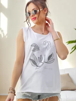 Bluzki / Koszule / Koszulki^Royalfashion Bawełniana bluzka damska na ramiączkach z cyrkoniami FLOWERS biały