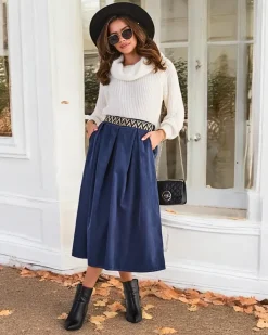 Spódnice^Royalfashion Bawełniana damska spódnica midi a'la sztruksowa Granatowy