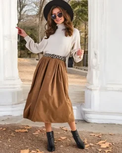 Spódnice^Royalfashion Bawełniana damska spódnica midi a'la sztruksowa Camel