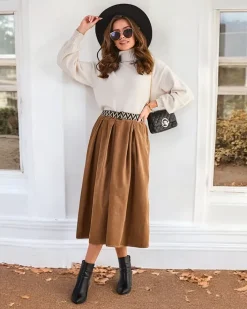 Spódnice^Royalfashion Bawełniana damska spódnica midi a'la sztruksowa Camel