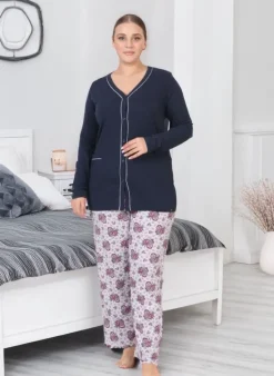 Piżamy^Royalfashion Bawełniana damska 2-częściowa piżama w kwiaty PLUS SIZE Granatowy