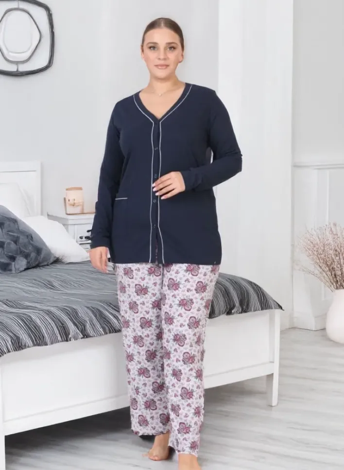 Piżamy^Royalfashion Bawełniana damska 2-częściowa piżama w kwiaty PLUS SIZE Granatowy