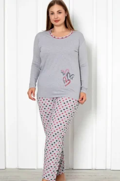 Piżamy^Royalfashion Bawełniana damska 2-częściowa piżama w kropki PLUS SIZE gołębi szary