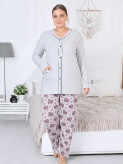 Piżamy^Royalfashion Bawełniana damska 2-częściowa piżama w kwiaty PLUS SIZE gołębi szary