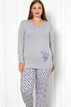 Piżamy^Royalfashion Bawełniana damska 2-częściowa piżama w kropki PLUS SIZE gołębi szary