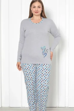 Piżamy^Royalfashion Bawełniana damska 2-częściowa piżama w kropki PLUS SIZE gołębi szary