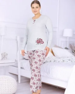 Piżamy^Royalfashion Bawełniana damska 2-częściowa piżama w kwiaty PLUS SIZE