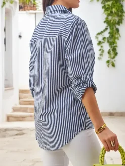 Bluzki / Koszule / Koszulki^Royalfashion Bawełniana damska koszula w paski z wiązaniem na dole Granatowy