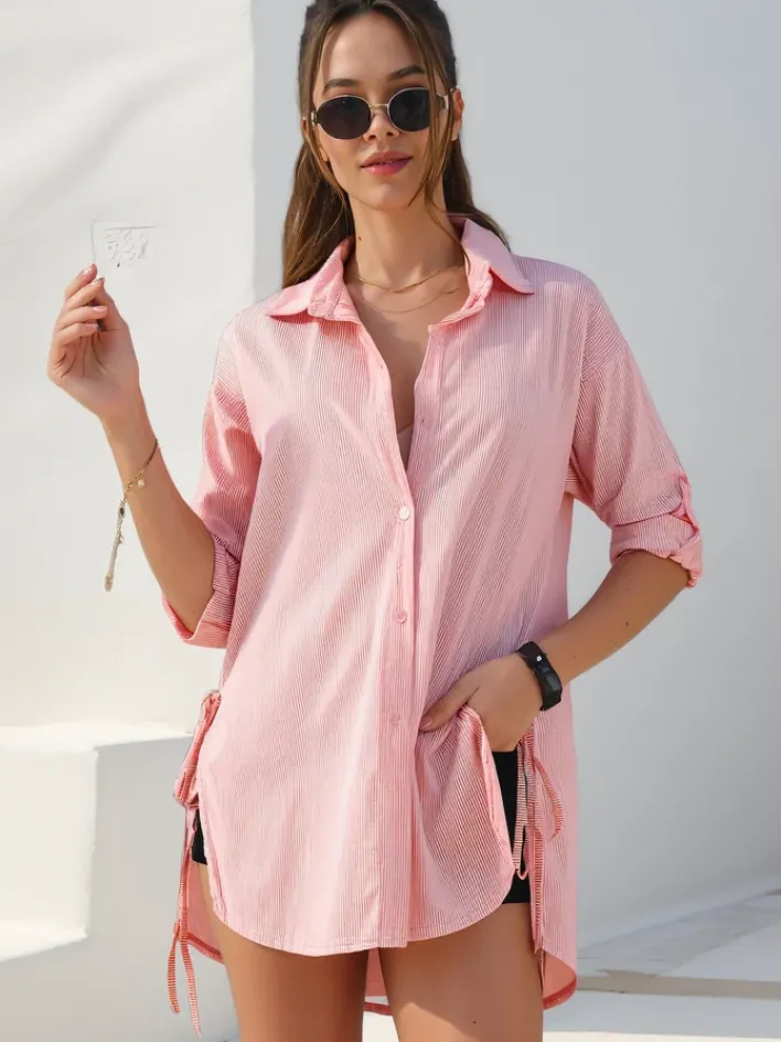 Bluzki / Koszule / Koszulki^Royalfashion Bawełniana dłuższa damska koszula w paski z wiązaniem w talii czerwony