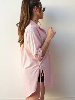 Bluzki / Koszule / Koszulki^Royalfashion Bawełniana dłuższa damska koszula w paski z wiązaniem w talii czerwony