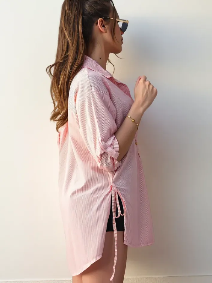 Bluzki / Koszule / Koszulki^Royalfashion Bawełniana dłuższa damska koszula w paski z wiązaniem w talii czerwony