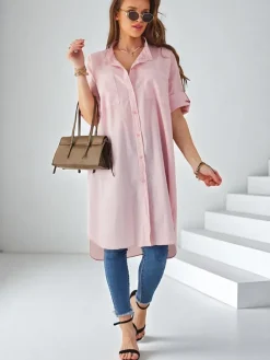 Bluzki / Koszule / Koszulki^Royalfashion Bawełniana długa damska koszula oversize Jasnoróżowy