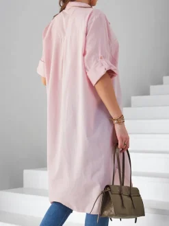 Bluzki / Koszule / Koszulki^Royalfashion Bawełniana długa damska koszula oversize Jasnoróżowy