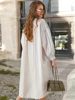 Bluzki / Koszule / Koszulki^Royalfashion Bawełniana długa damska koszula a'la sukienka Jasny beż