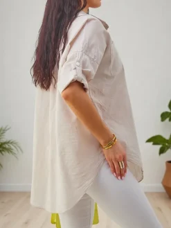 Bluzki / Koszule / Koszulki^Royalfashion Bawełniana koszula damska z rękawami 3/4 Jasny beż