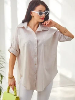 Bluzki / Koszule / Koszulki^Royalfashion Bawełniana koszula damska z rękawami 3/4 Jasny beż