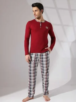 Piżamy^Royalfashion Bawełniana męska piżama 2- częściowa Bordowy