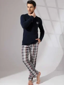 Piżamy^Royalfashion Bawełniana męska piżama 2- częściowa Granatowy