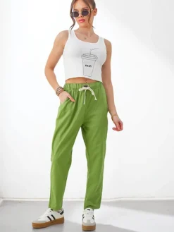 Spodnie Materiałowe^Royalfashion Bawełniane proste spodnie damskie z wiązaniem w pasie zielony