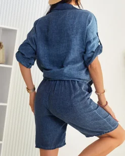 Komplety Damskie^Royalfashion Bawełniano- lniany damski koszulowy komplet Granatowy